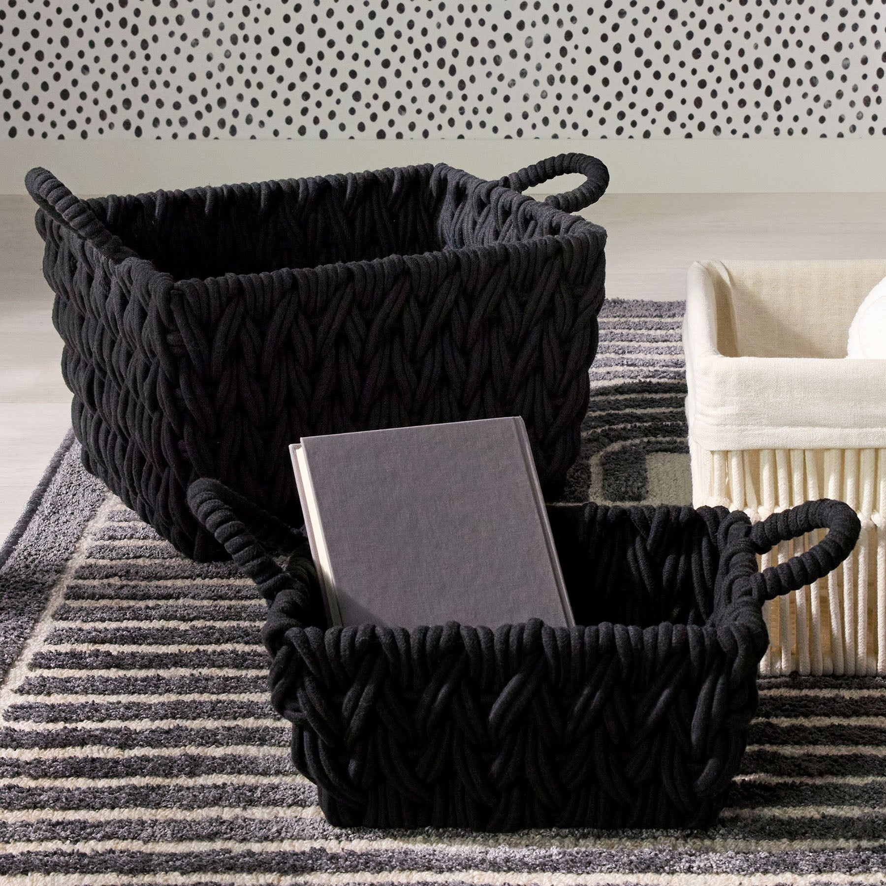 Fabric Rectangle Storage Basket - Black, 16.1x13.4x10.2"